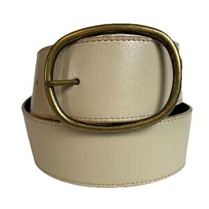 Vtg 80s Faux Leather Wide Belt Buckle Womens L/36 Beige USA Made Brass Buckle